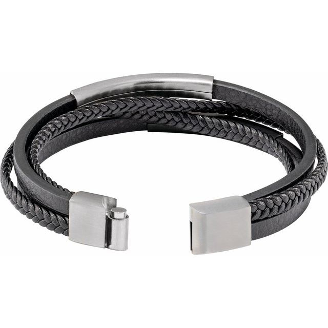 Stainless Steel 11 mm Black Leather Multi-Strand 8 1/2 Bracelet
