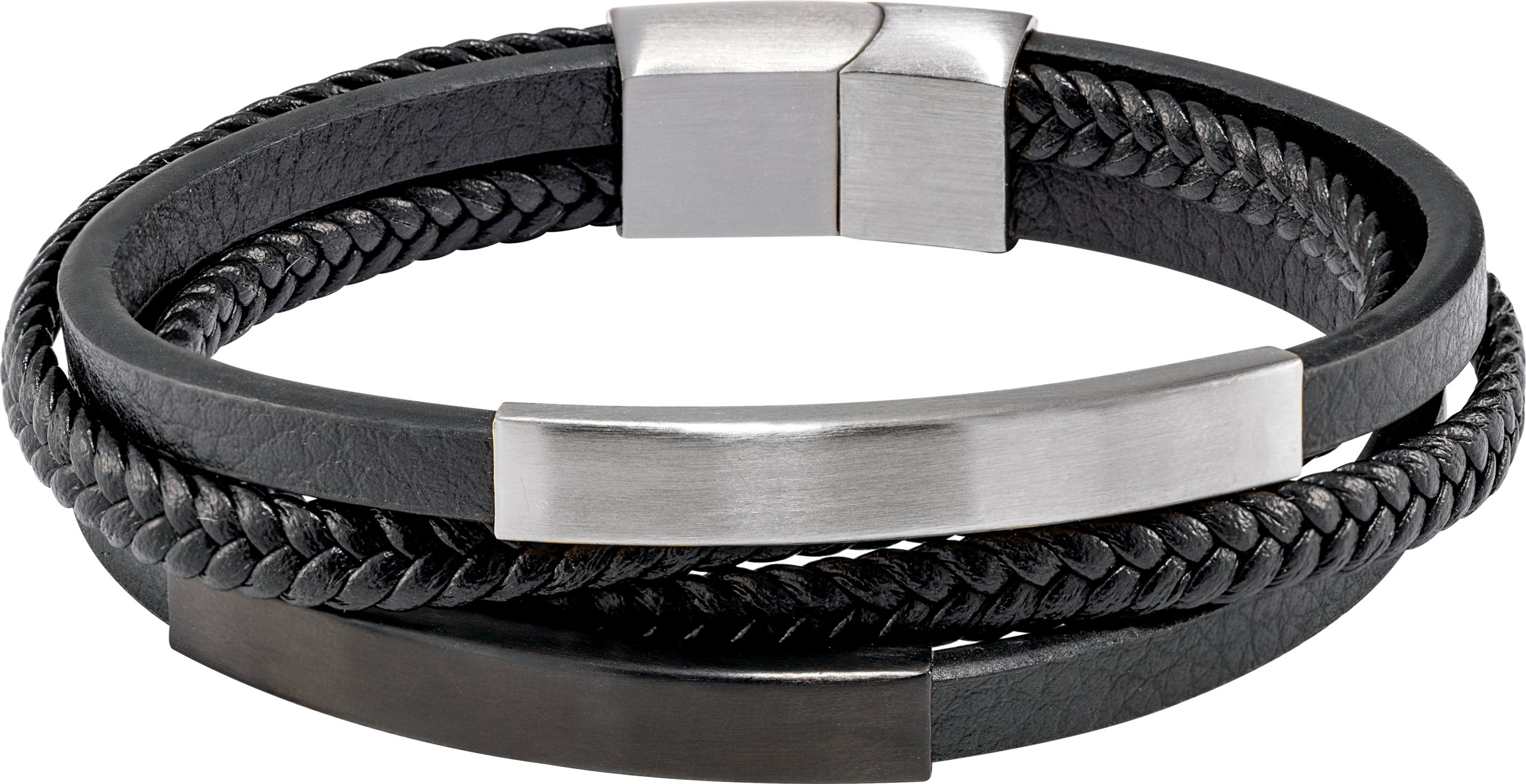 Stainless Steel 11 mm Black Leather Multi-Strand 9" Bracelet