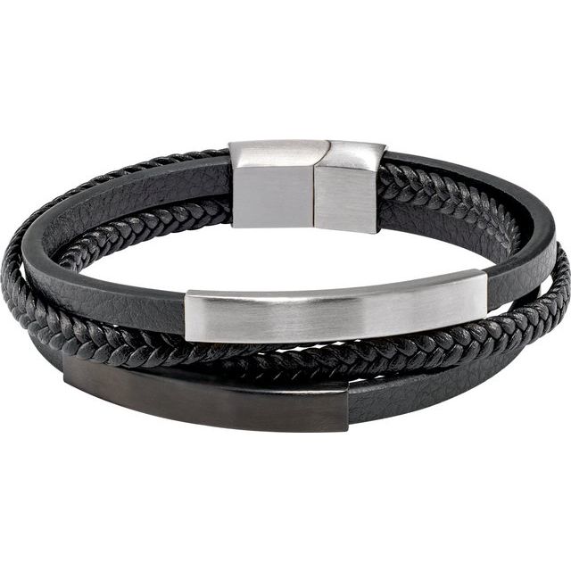 Stainless Steel 11 mm Black Leather Multi-Strand 8 1/2" Bracelet
