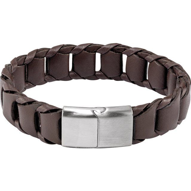 Stainless Steel 17 mm Brown Leather 8" Bracelet