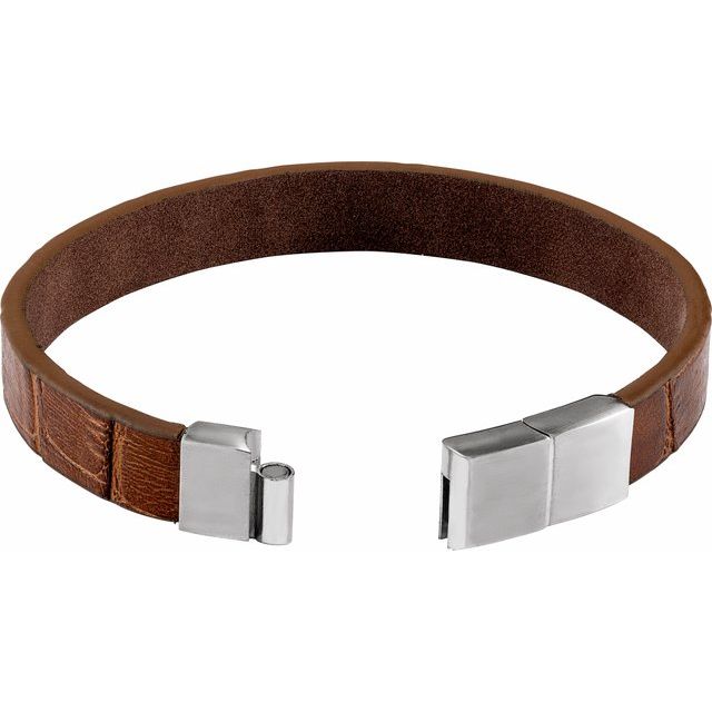 Stainless Steel 11 mm Brown Leather 8 Bracelet