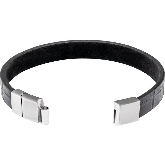 Stainless Steel 11 mm Black Leather 8 Bracelet