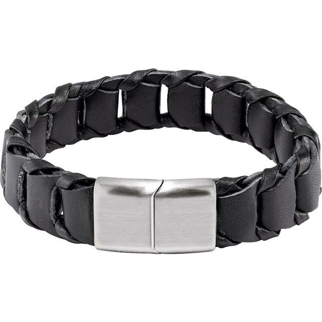 Stainless Steel 17 mm Black Leather 9" Bracelet