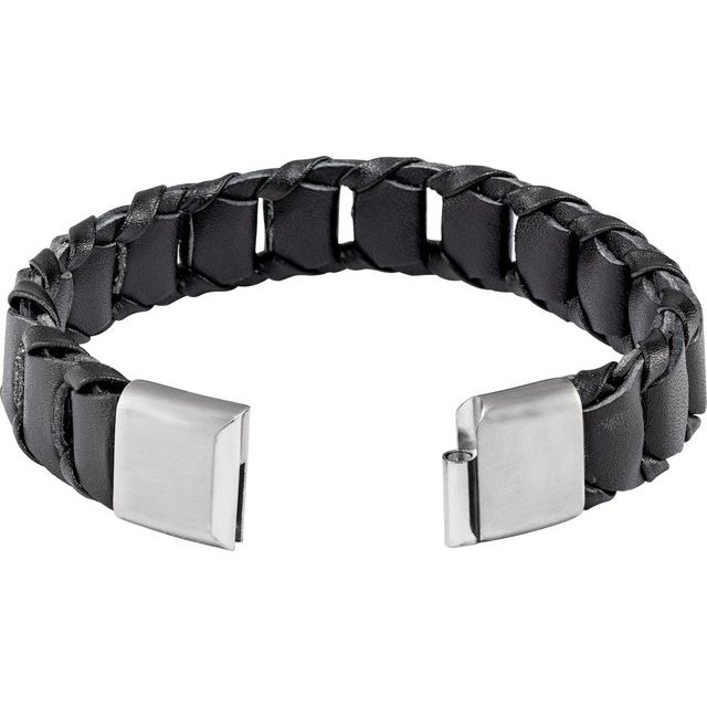 Stainless Steel 17 mm Black Leather 8 1/2 Bracelet