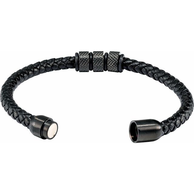 Black PVD Stainless Steel 6 mm Braided Leather 8 Bracelet