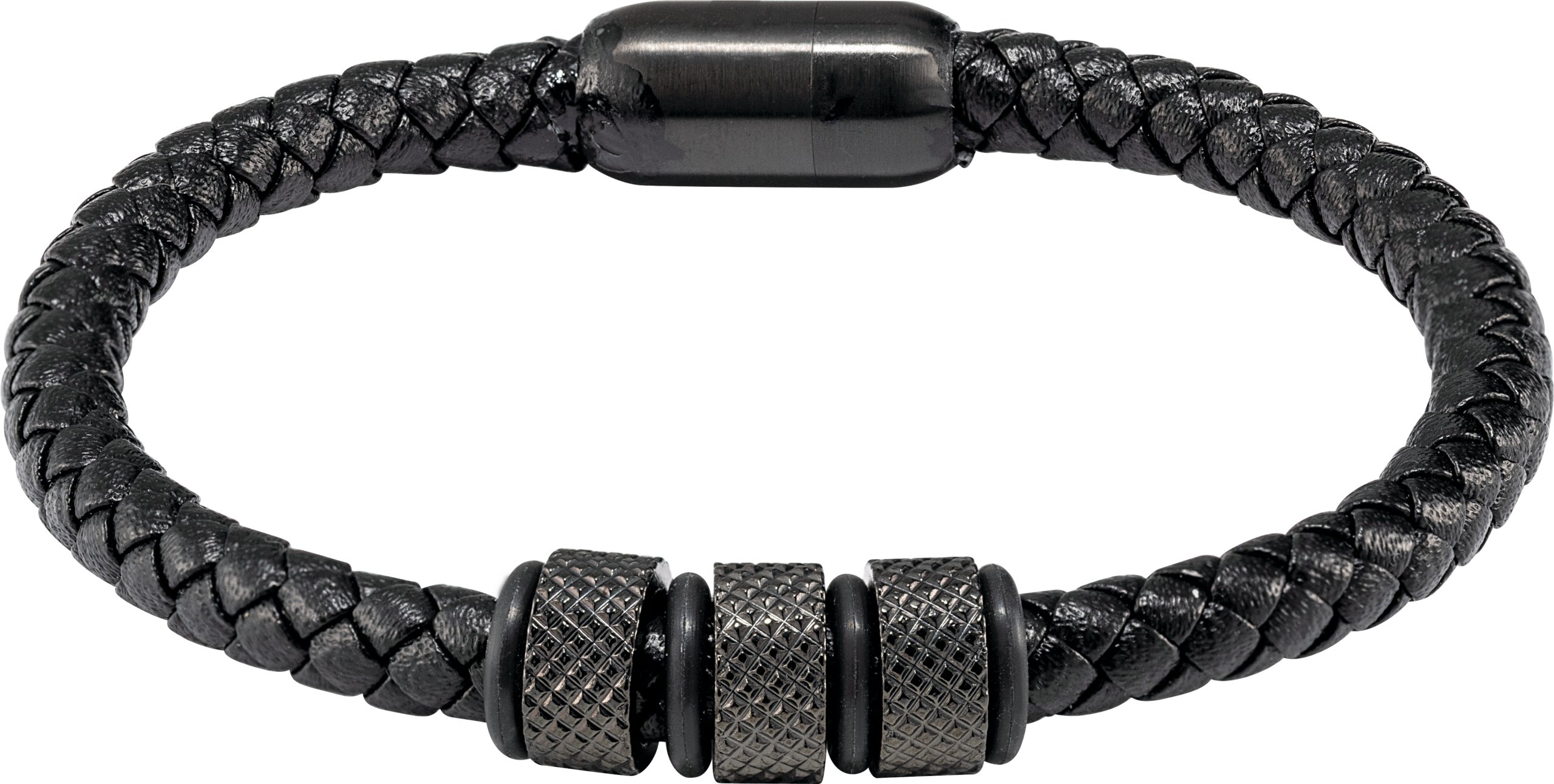Black PVD Stainless Steel 6 mm Braided Leather 9" Bracelet