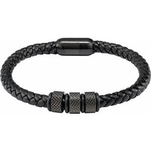 Black PVD Stainless Steel 6 mm Braided Leather 8 1/8" Bracelet