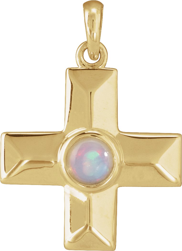 14K Yellow Natural White Opal Gratitude Cross Pendant