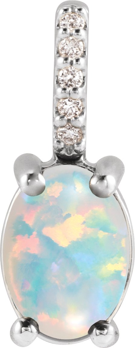 Sterling Silver 7x5 mm Natural White Opal & .02 CTW Natural Diamond Pendant