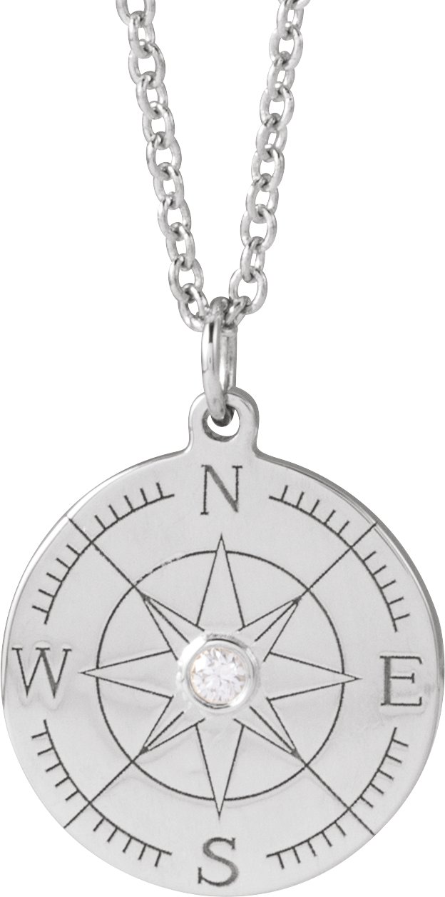 Sterling Silver .015 CT Natural Diamond Compass 16-18" Necklace