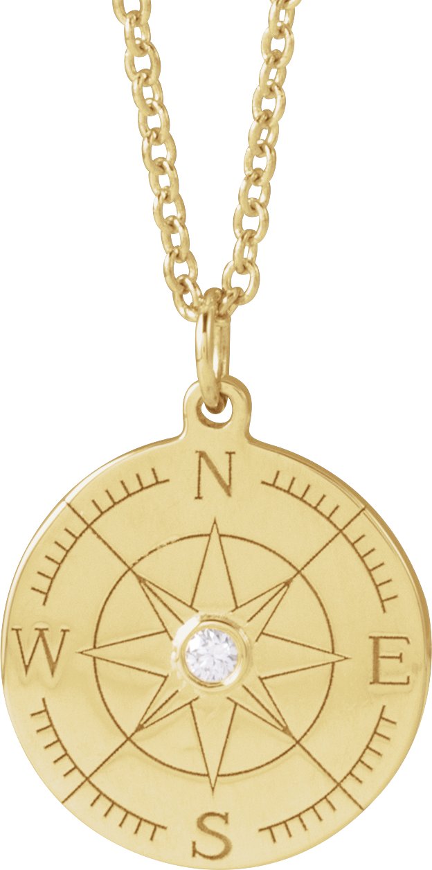 14K Yellow .015 CT Natural Diamond Compass 16-18" Necklace