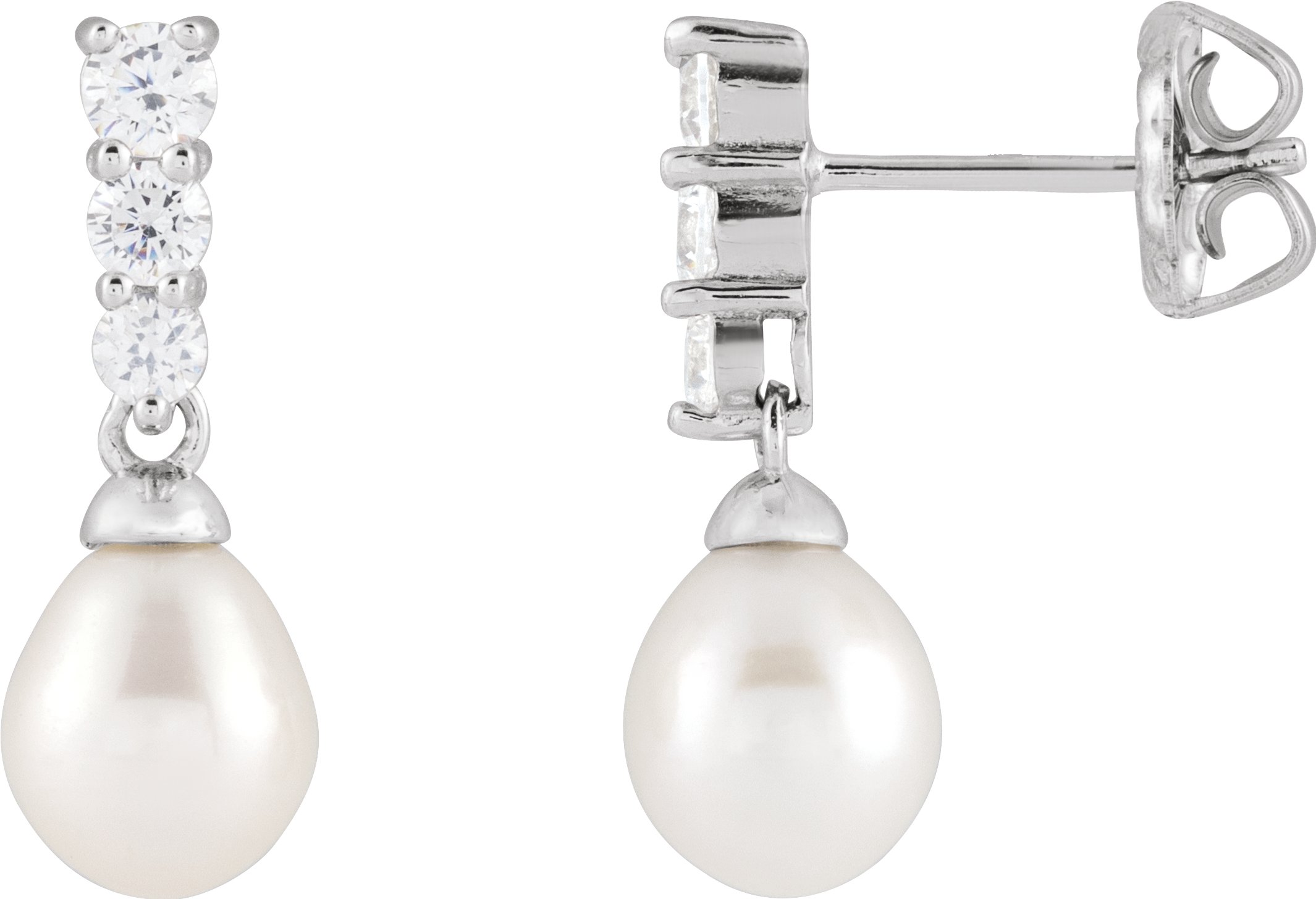 Rhodium-Plated Sterling Silver Cultured White Freshwater Pearl & Imitation White Cubic Zirconia Earrings