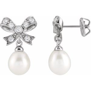Sterling Silver Cultured White Freshwater Pearl & 3/8 CTW Natural Diamond Earrings