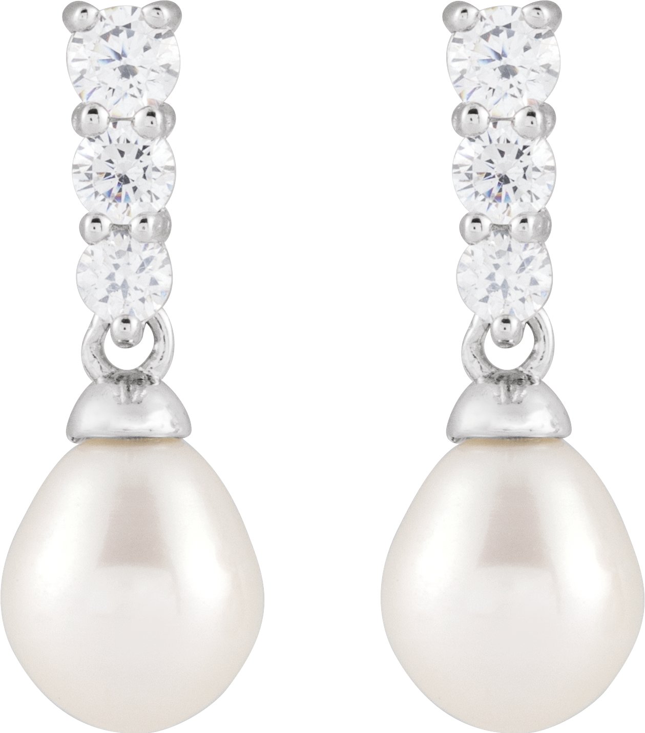 Rhodium-Plated Sterling Silver Cultured White Freshwater Pearl & Imitation White Cubic Zirconia Earrings