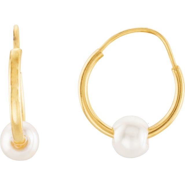 14K Yellow Cultured White Freshwater Pearl Hoop Earrings
