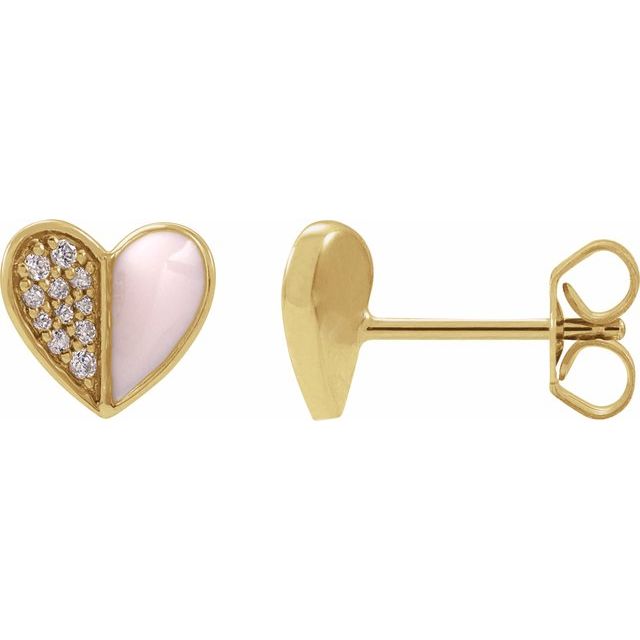 14K Yellow 1/10 Natural Diamond & Pink Enamel Heart Earrings