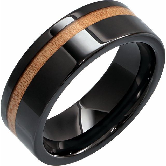 Black Ceramic Flat Band with Cypress Wood Inlay Size 10