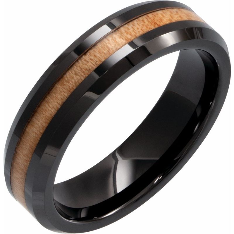 Beveled-Edge Cypress Wood Inlay Comfort-Fit Flat Band