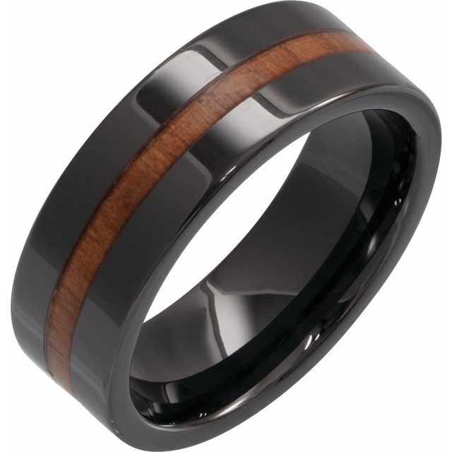 Black Ceramic Flat Band with Hickory Wood Inlay Size 10