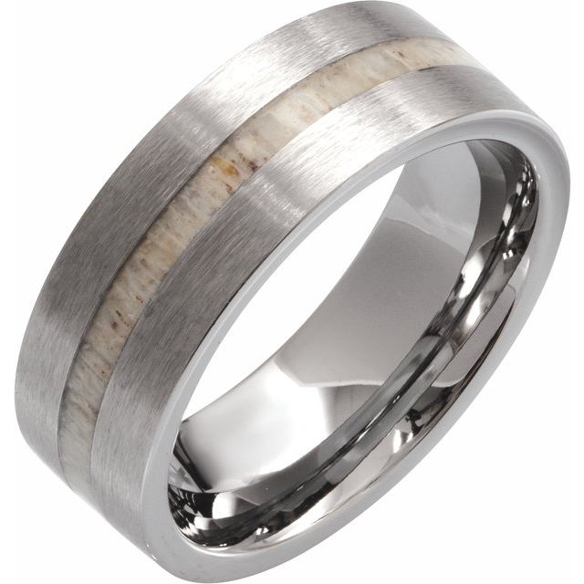 Tungsten Flat Band with Antler Wood Inlay Size 10 