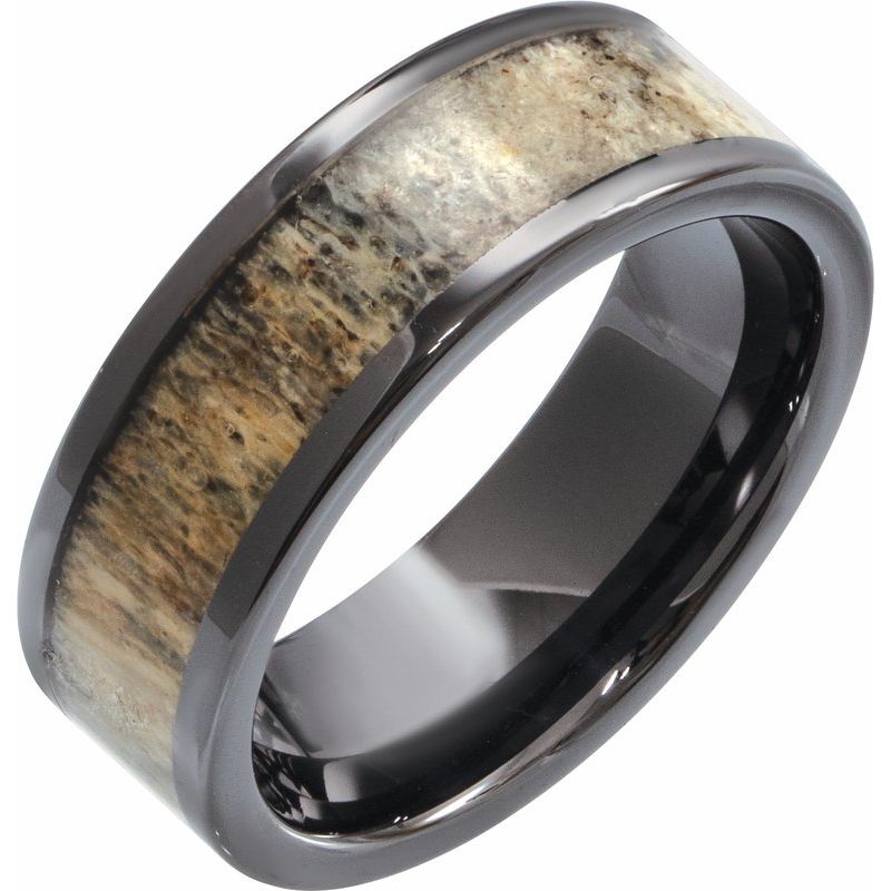 Antler Wood Inlay Comfort-Fit Flat Band