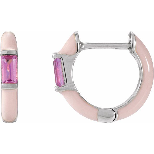14K White Natural Pink Tourmaline & Pink Enamel Hinged 11 mm Hoop Earrings