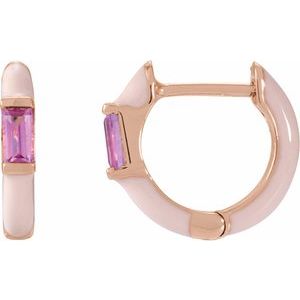 14K Rose  Natural Pink Tourmaline & Pink Enamel Hinged 11 mm Hoop Earrings