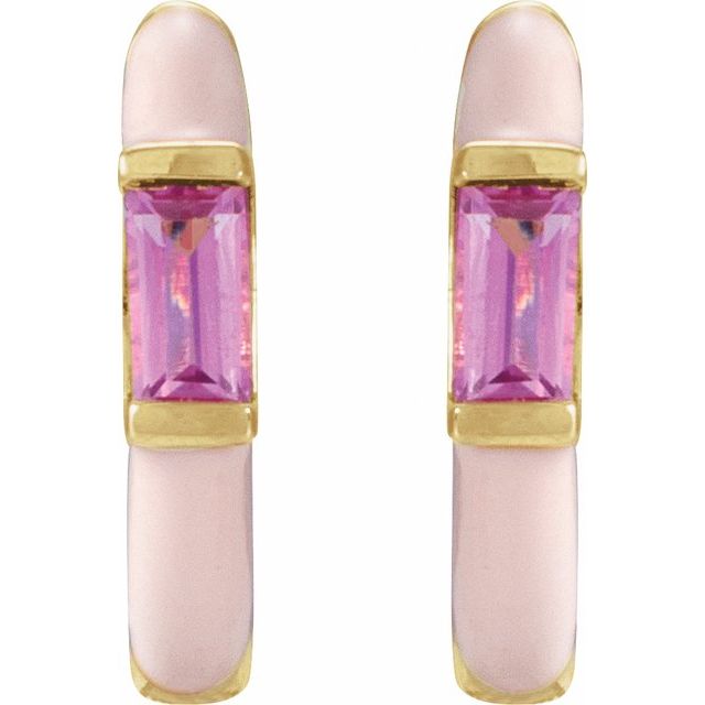 14K Yellow Natural Pink Tourmaline & Pink Enamel Hinged 11 mm Hoop Earrings