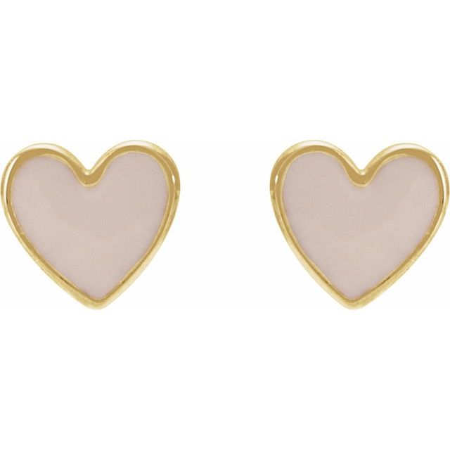 14K Yellow Pink Enamel Heart Earrings