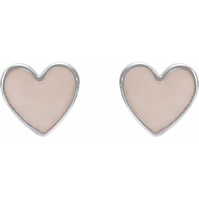14K White Pink Enamel Heart Earrings