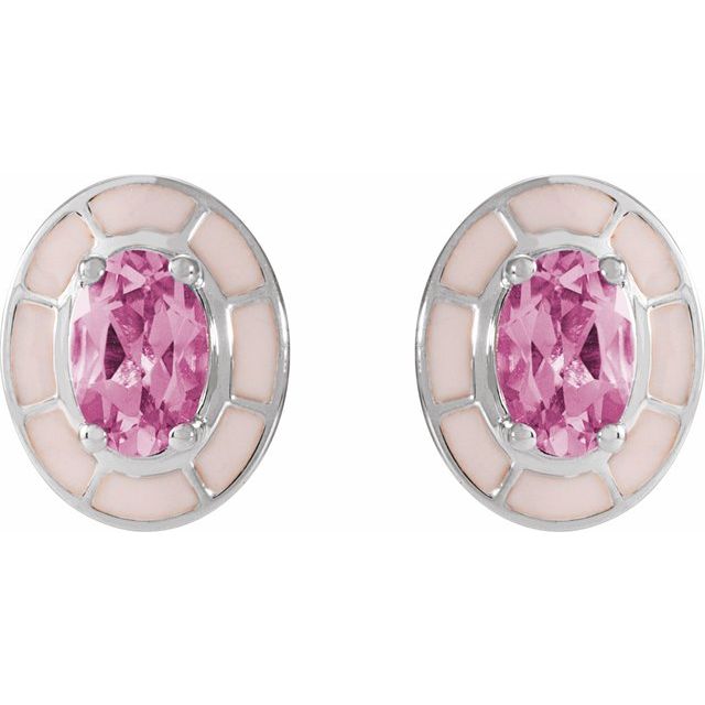 14K White Natural Pink Tourmaline & Pink Enamel Stud Earrings
