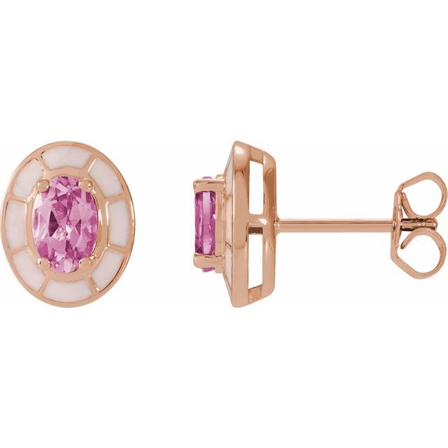 14K Rose Natural Pink Tourmaline & Pink Enamel Stud Earrings