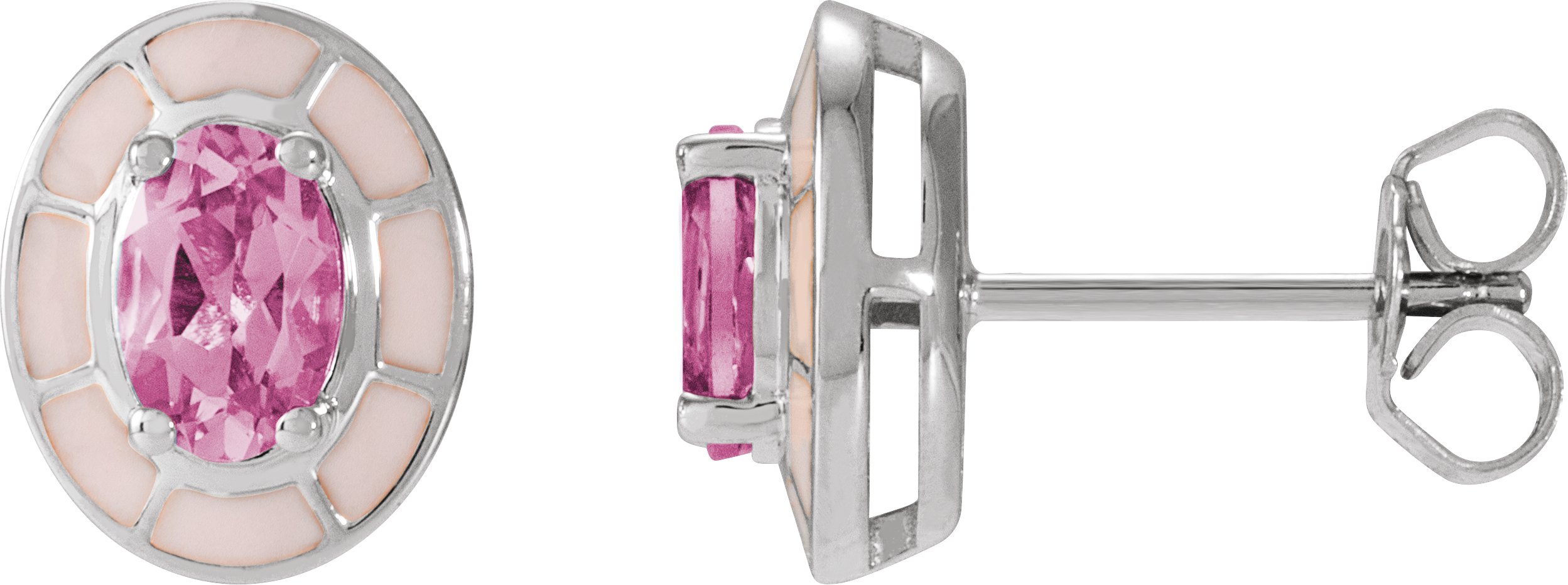 14K White Natural Pink Tourmaline & Pink Enamel Stud Earrings