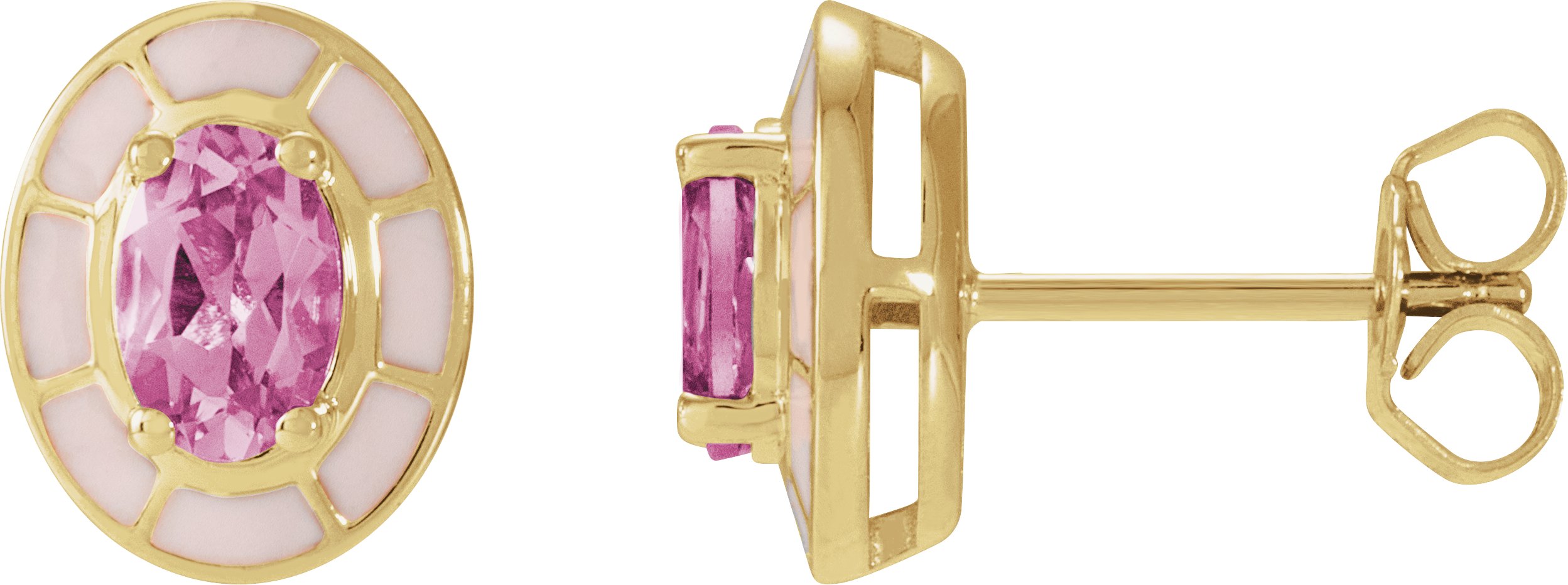 14K Yellow Natural Pink Tourmaline & Pink Enamel Stud Earrings