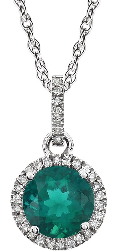 14K White Lab-Grown Emerald & 1/10 CTW Natural Diamond 18" Necklace