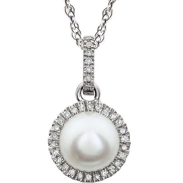 14K White Cultured White Freshwater Pearl & 1/10 CTW Natural Diamond 18" Necklace