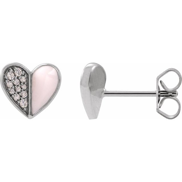 14K White 1/10 Natural Diamond & Pink Enamel Heart Earrings