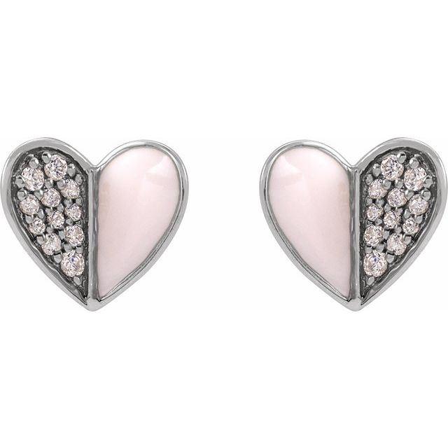 14K White 1/10 Natural Diamond & Pink Enamel Heart Earrings