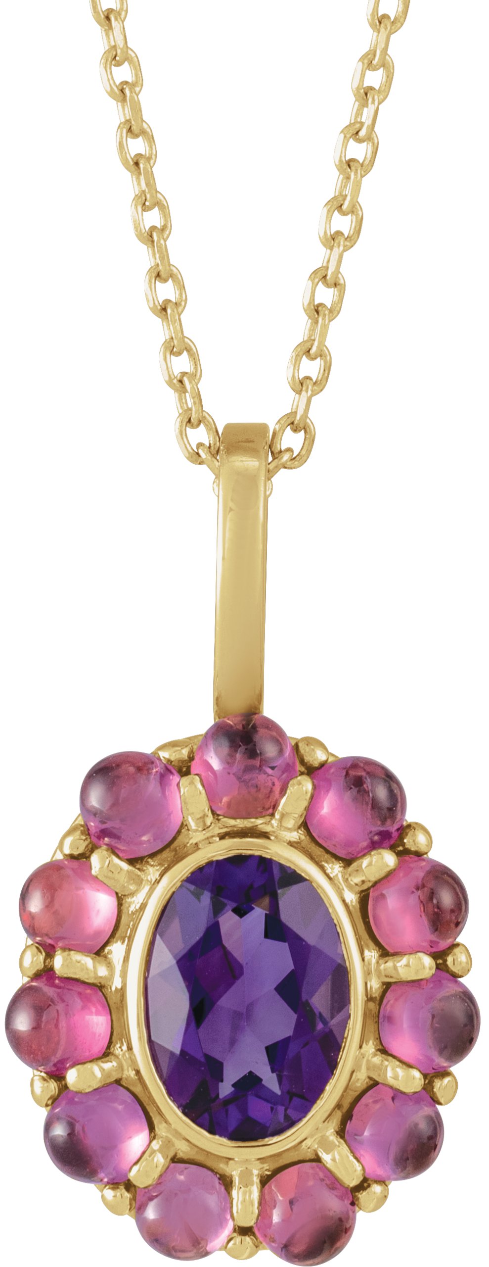 14K Yellow Natural Amethyst & Natural Rhodolite Garnet Halo-Style 16-18" Necklace