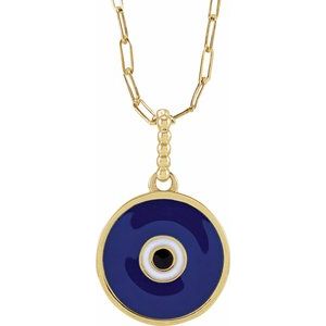14K Yellow Blue Enamel Evil Eye 18" Necklace