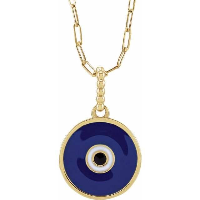 14K Yellow Blue Enamel Evil Eye 18" Necklace