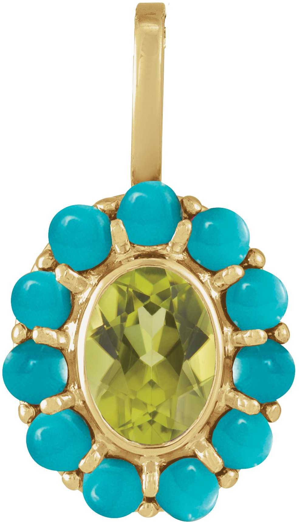 14K Yellow Natural Peridot & Natural Turquoise Halo-Style Pendant