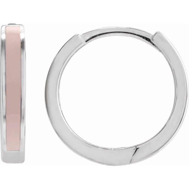 14K White Pink Enamel Hinged 12.1 mm Hoop Earrings
