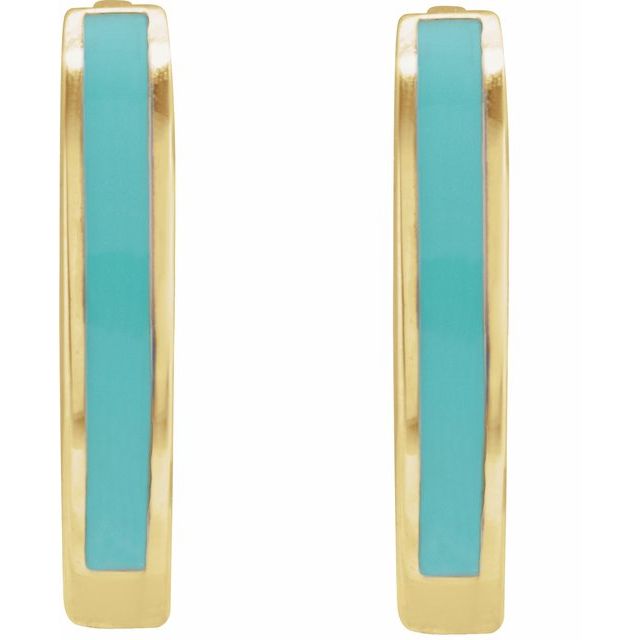 14K Yellow Turquoise Enamel Hinged 12.1 mm Hoop Earrings