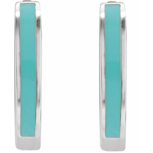 14K White Turquoise Enamel Hinged 12.1 mm Hoop Earrings