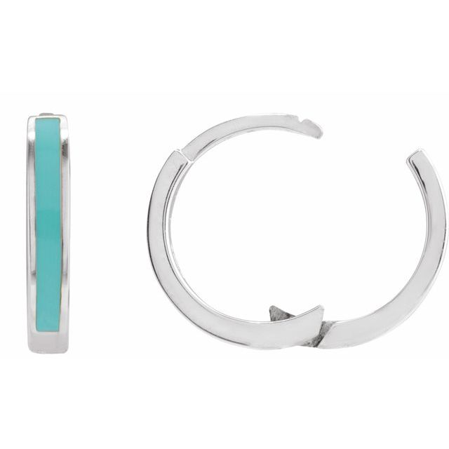 14K White Turquoise Enamel Hinged 12.1 mm Hoop Earrings