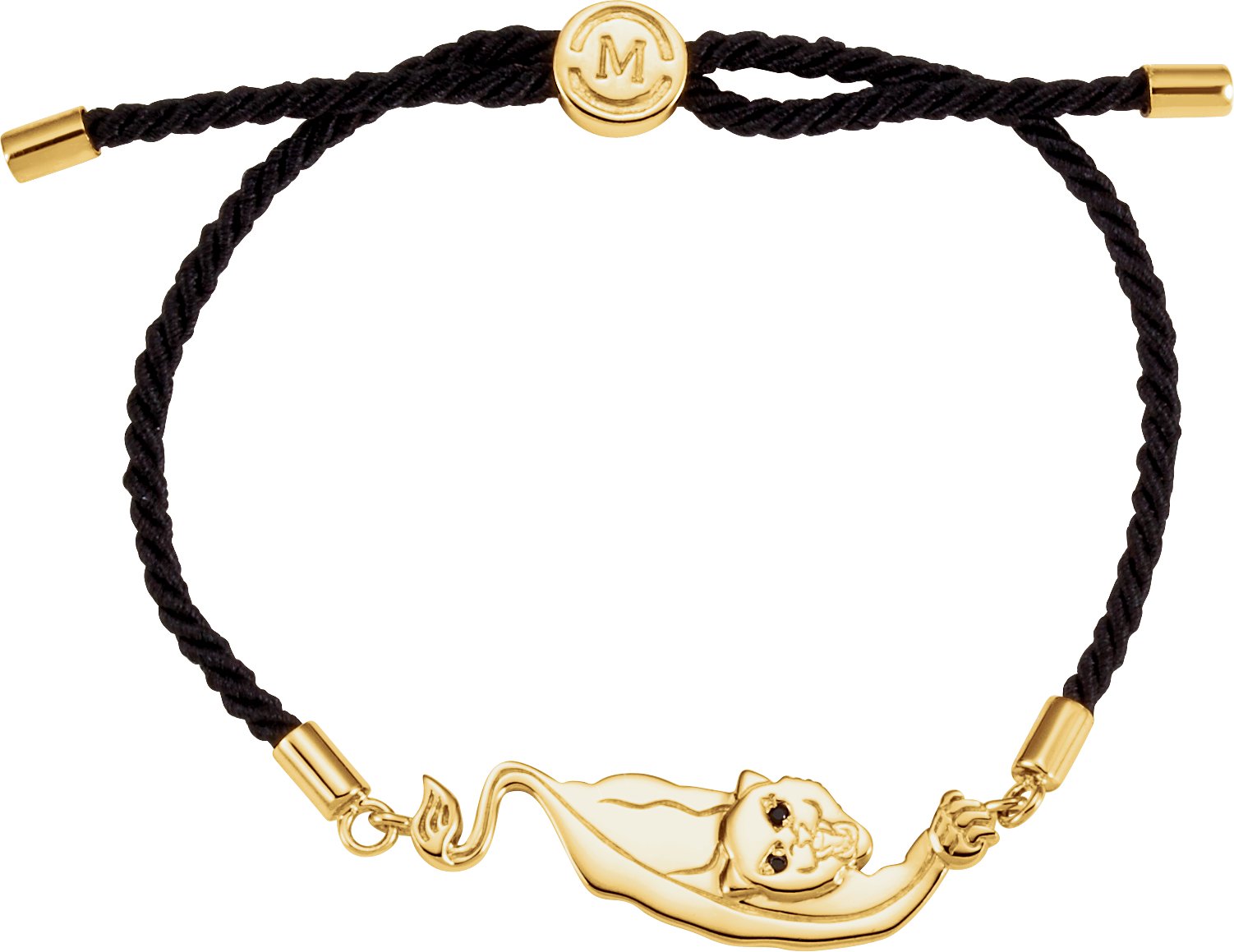 18K Yellow Vermeil Panther Symbol for Courage Black Satin 8" Bracelet 