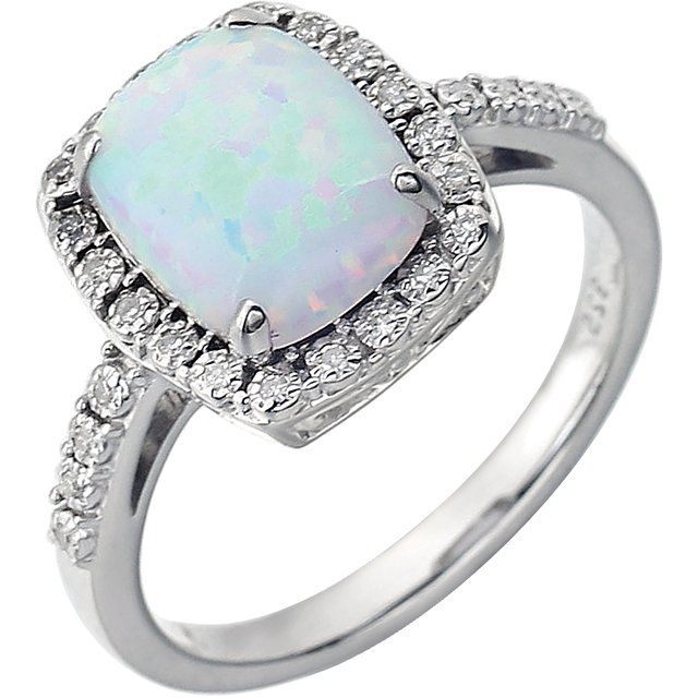 14K White Lab-Grown Opal & .07 CTW Natural Diamond Ring