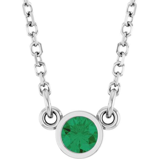 14K White Lab-Grown Emerald Solitaire 16" Necklace 