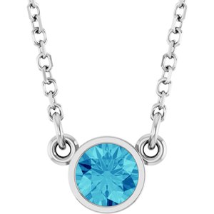 Rhodium-Plated Sterling Silver Natural Blue Zircon Solitaire 16" Necklace 